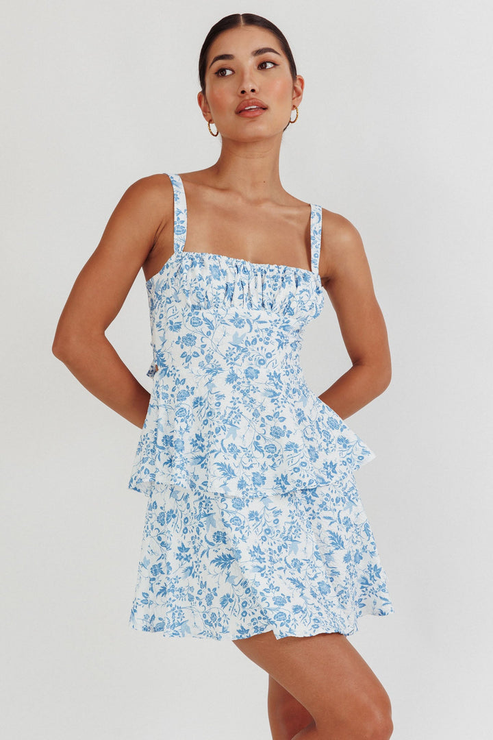 Provence Bloom Tiered Ruffle Mini Dress Blue