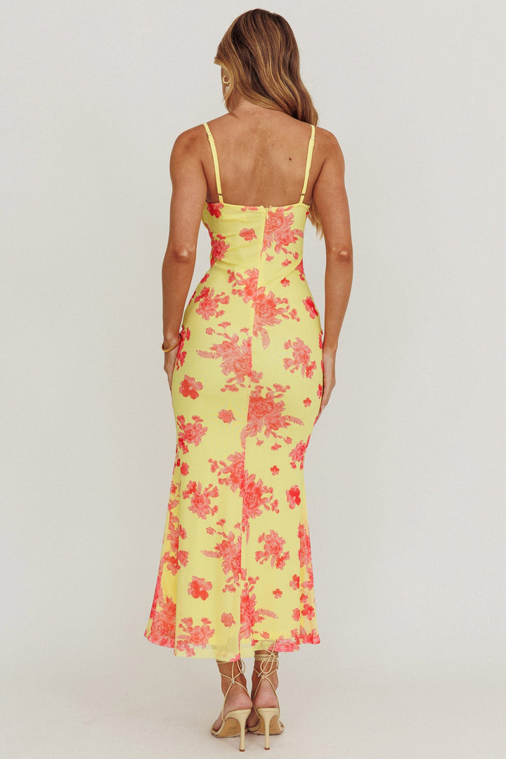 Fortune Mesh Floral Midi Dress Pink/Yellow