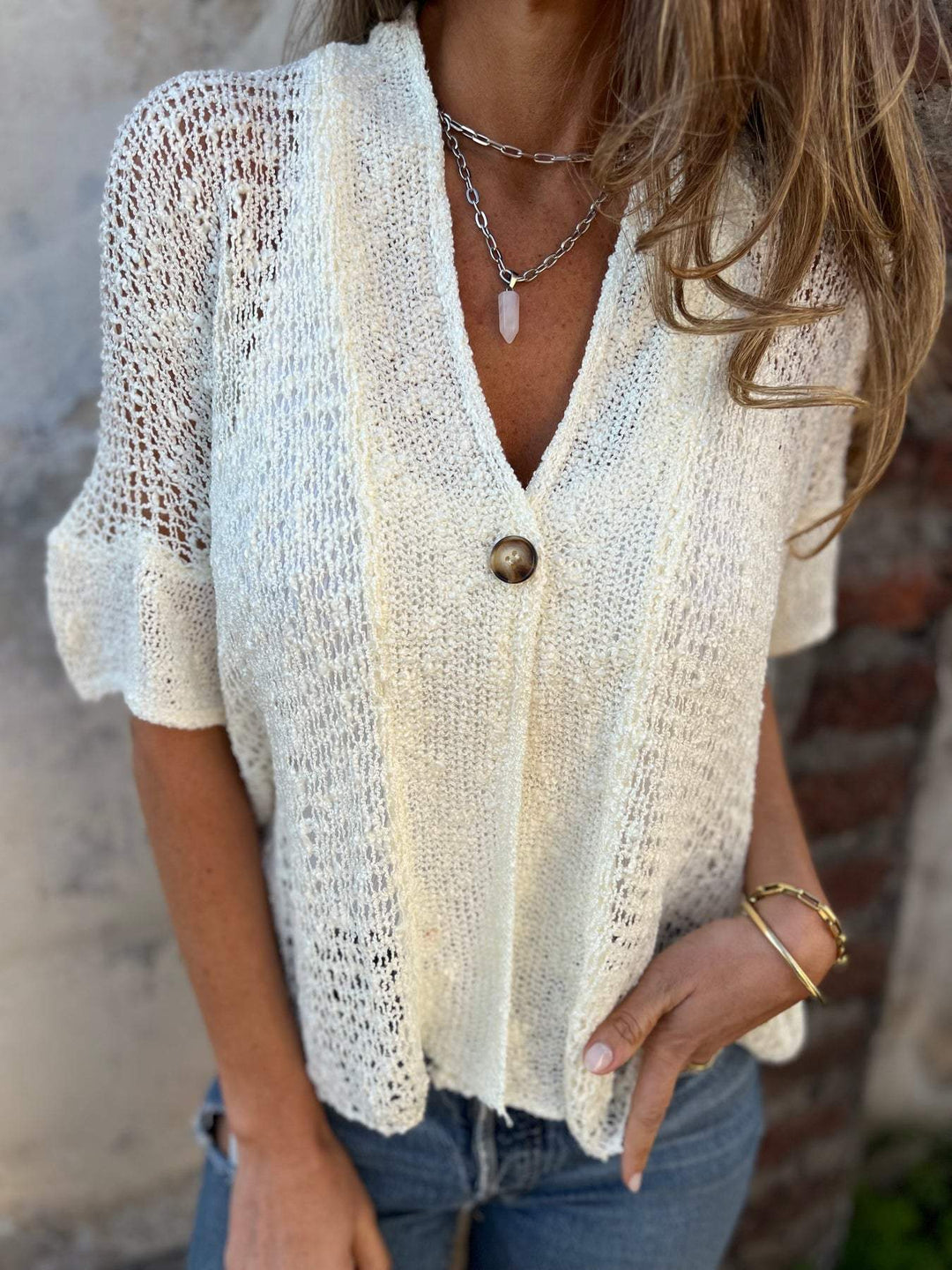 Women's V-neck Mid-sleeve Hollow Cardigan Top